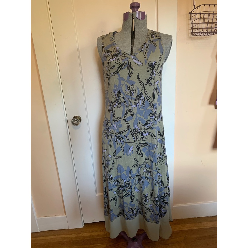 LOGO Lori Goldstein Floral Maxi Dress Green Sleeveless V-Neck Pockets S